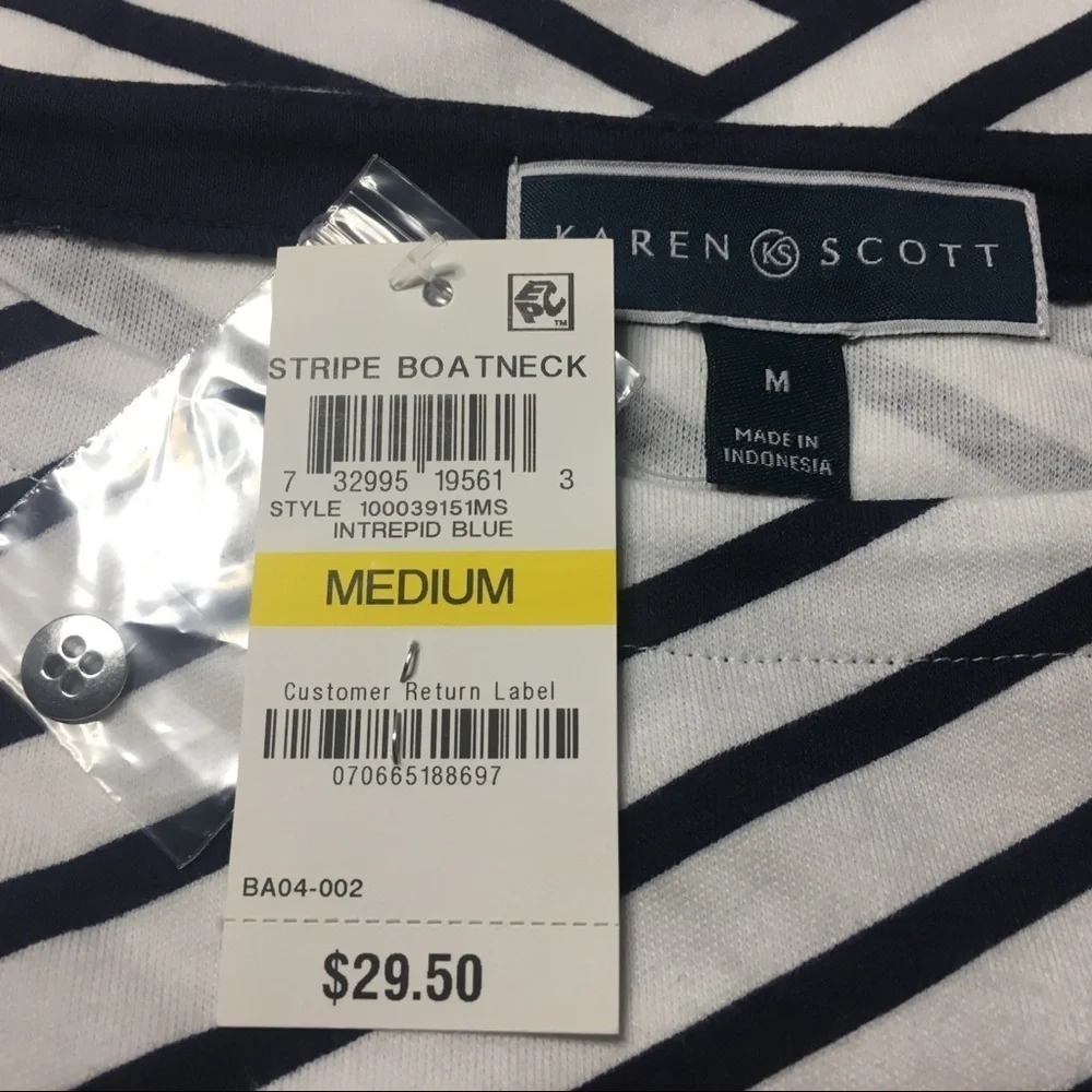 Karen Scott Boatneck Diagonal Stripes Naval Short Sleeve Top White Navy Medium - Picture 3 of 6